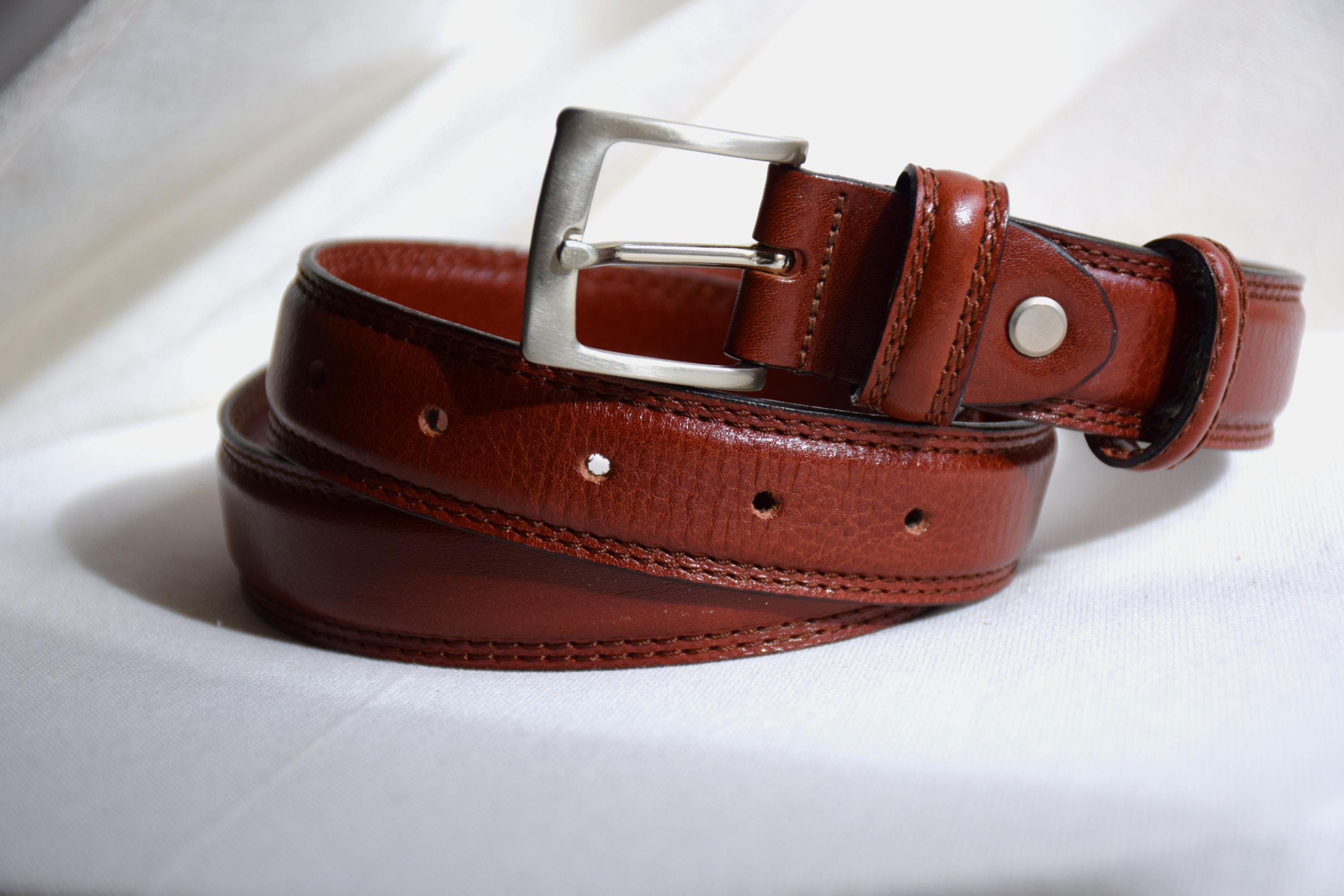 Vintage Brown Leather Belt, Silver Buckle, Made in Italy (85-90 Cm 