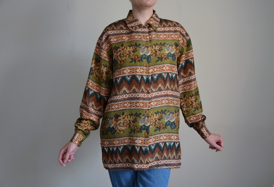 Vintage 90s Silk Blouse: Earthy Floral Chevron Print Oversized Shirt, Foto 1 von 5