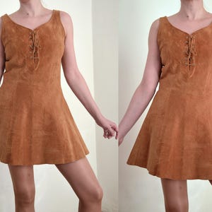 Vintage Brown V-Neck Suede Embroidered Mini Dress main image 0