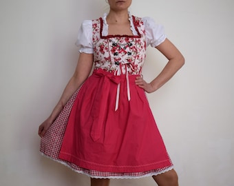 Vintage Floral Corset Dirndl Dress: Pink Gingham Oktoberfest Folk Dress, M