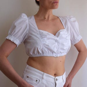 Vintage Cropped Dirndl Blouse: White Oktoberfest Top, Puffy Sleeves - Size 38 EU/8 US