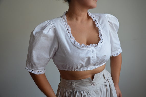 Vintage 90s Dirndl crop top, white folk blouse, b… - image 2