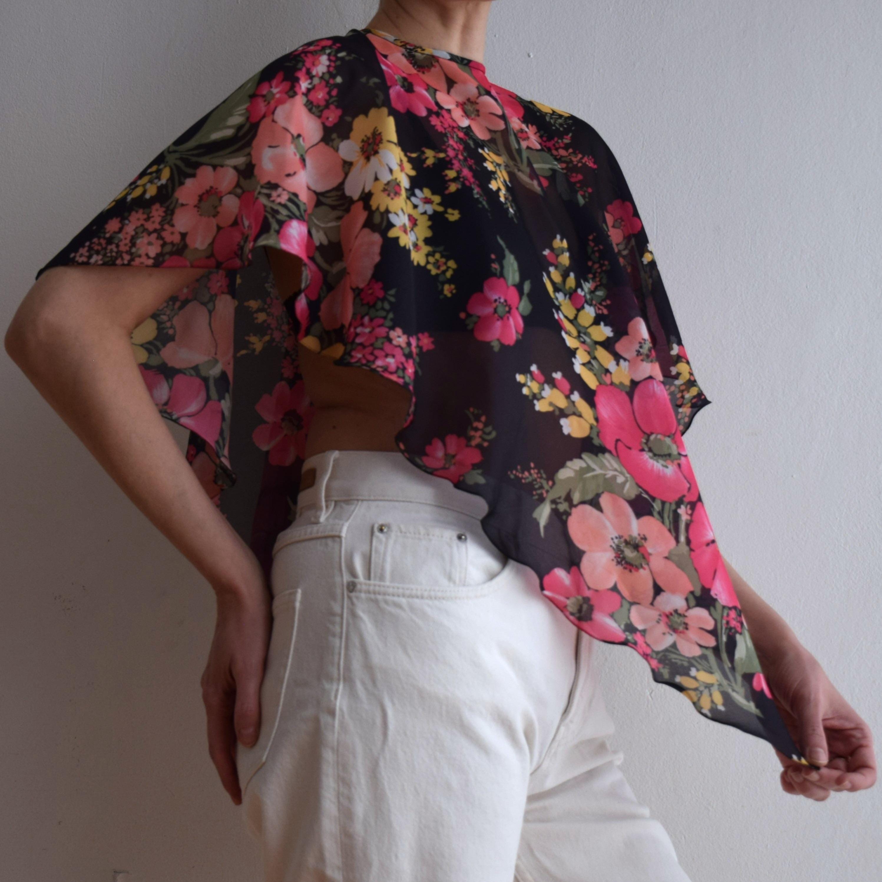 Vintage 70s Floral Chiffon Capelet or Collar Cape, Handkerchief-style ...