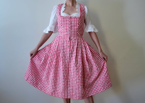 Vintage 90s Austrian folk dress, pink and white c… - image 2