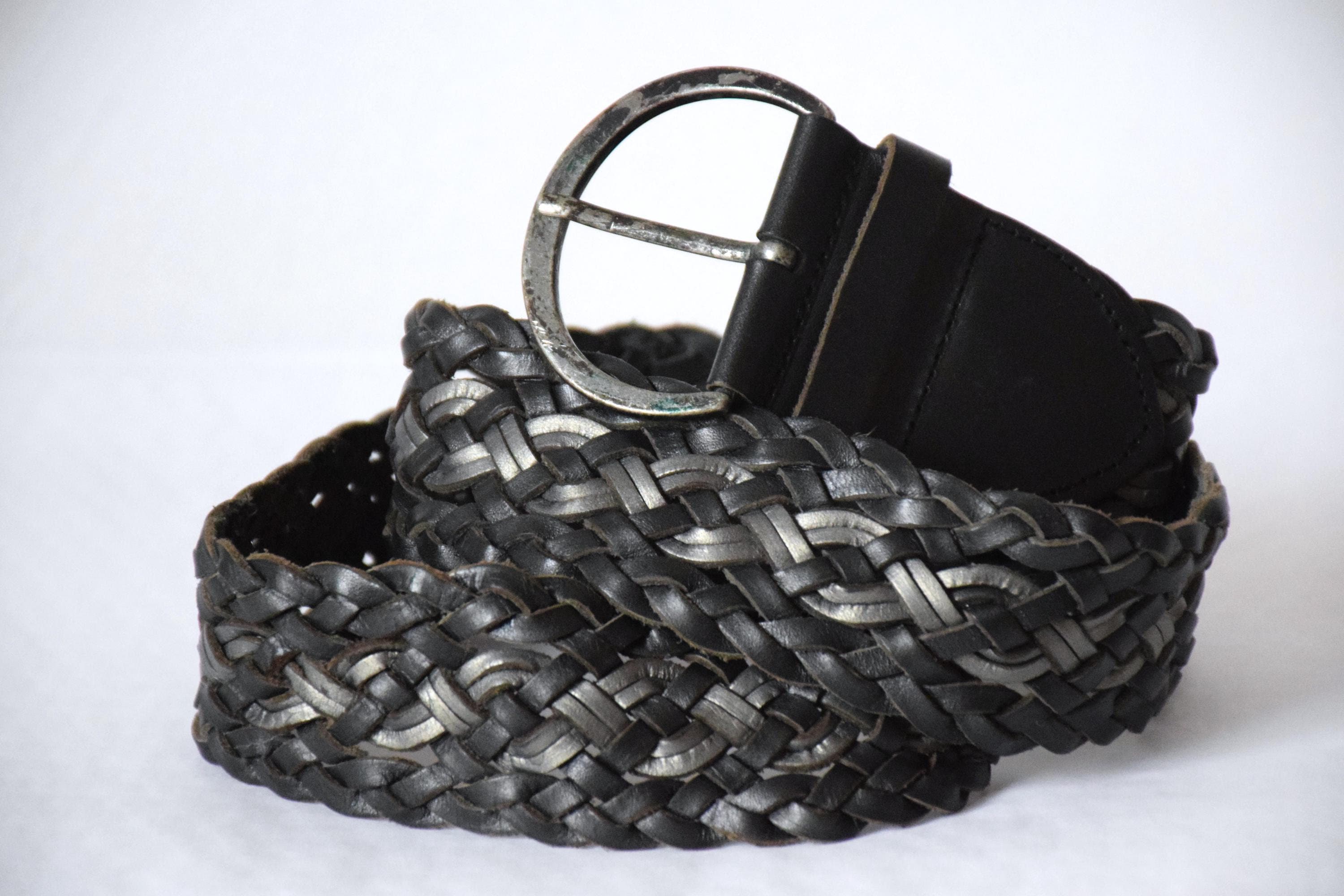 Vintage Y2K Massimo Dutti Woven Leather Belt: Black & Silver 
