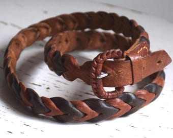 Vintage 80s Woven Leather Belt: Handmade Braided Boho Style