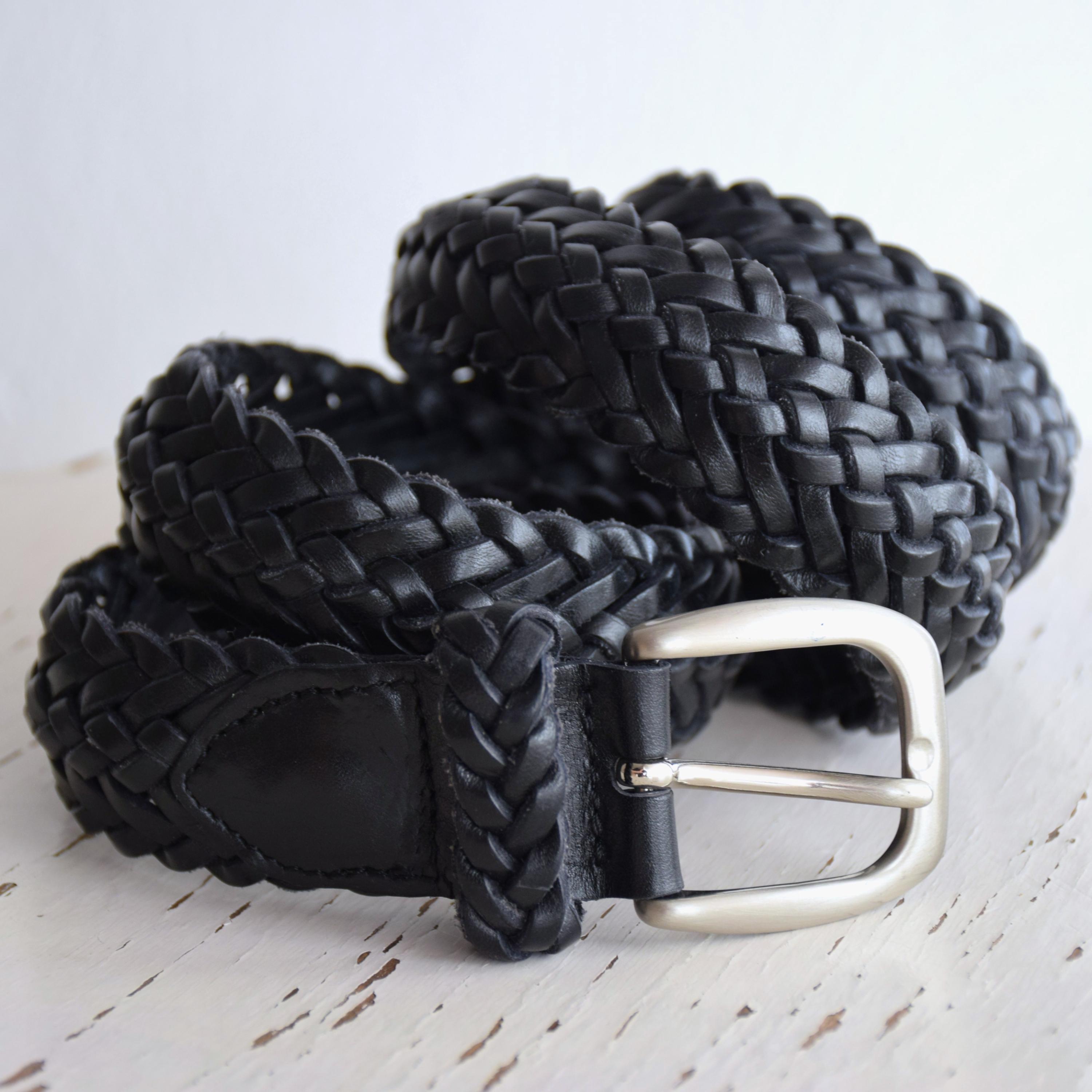 MADE IN ITALY Elegant Black Leather  and Silver buckle Woven Belt Black Leather Woven Belt | Turnbull & Asser – Turnbull  main image 3