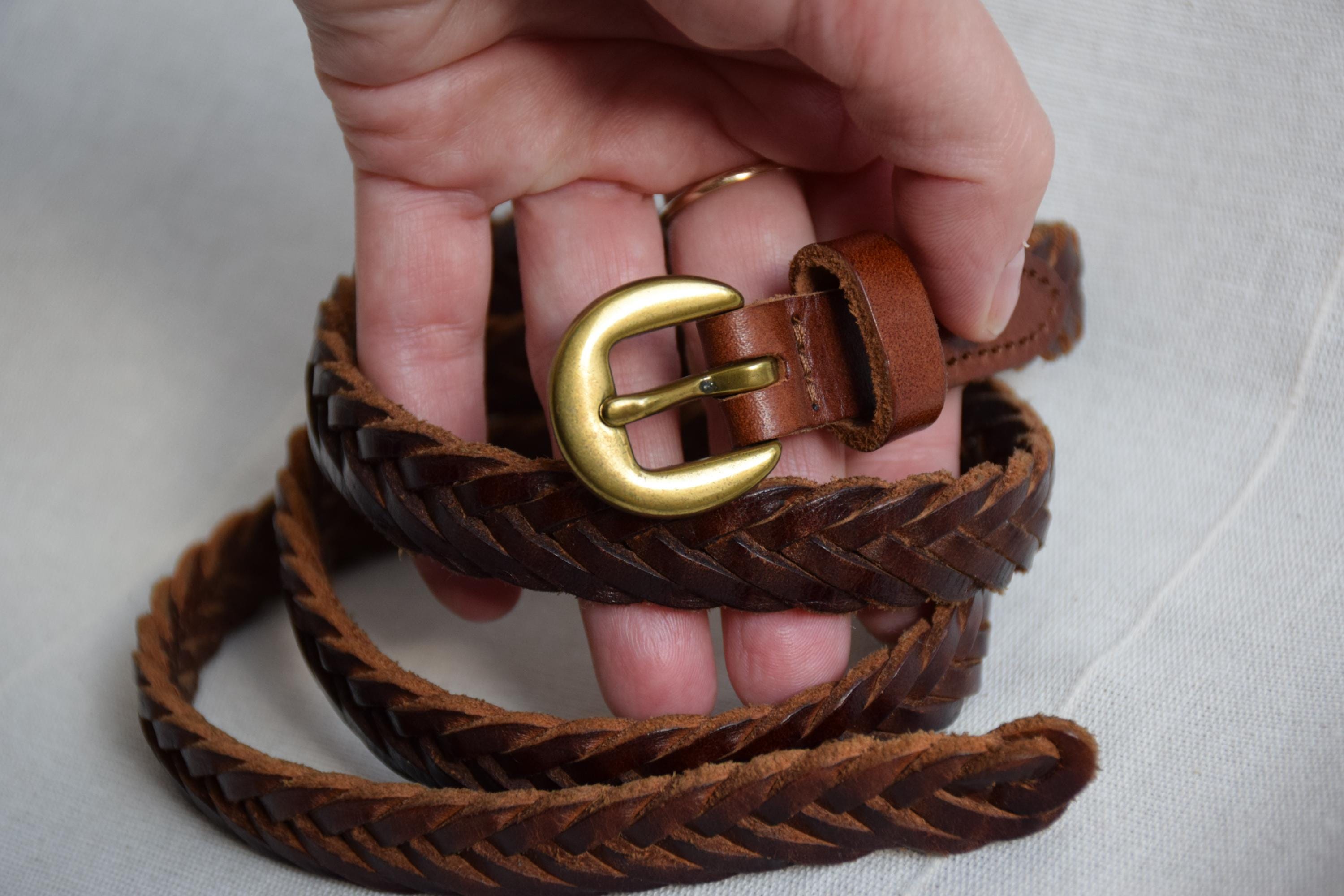 Y2K VINTAGE Brown Leather Braided Belt with Brass Buckle size S/M 2\