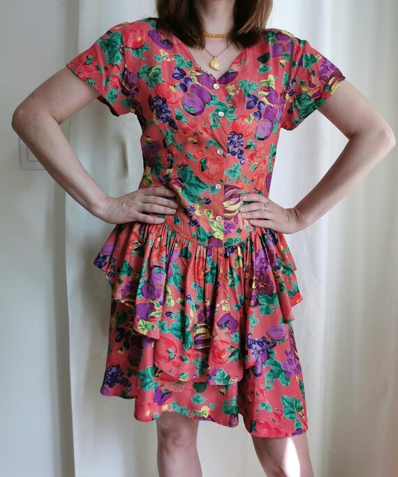 Vintage 90s Fruit Print Ruffle Dress, Viscose, Made in India, Size M - Etsy