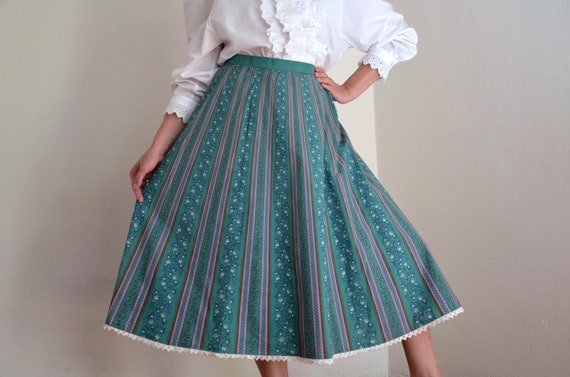 1970s Floral Dirndl Skirt: Teal Blue Striped Peasant Skirt, - Main Image