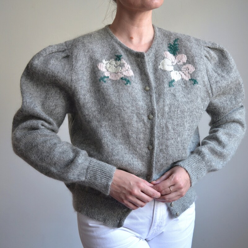 Smoke Gray Floral Knit Cardigan
