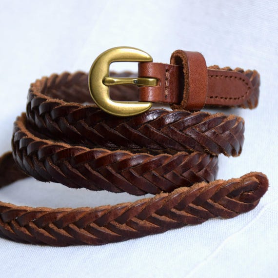 Vintage Brown Leather Woven Belt with Gold Buckle Vintage genuine leather brown braided belt with gold/brass  main image 2