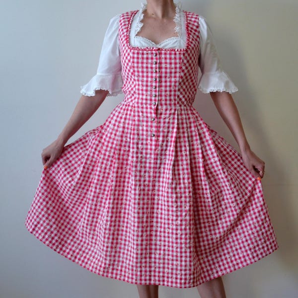 Vestido folklórico austriaco vintage de los años 90, estampado de cuadros rosas y blancos, vestido bávaro/Oktoberfest, vestido cottagecore, 38 DE