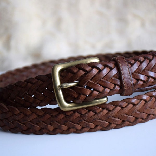 Vintage 90s brown woven leather belt, distressed brown braided belt, boho brown belt with gold brass buckle, 38 inches, handbraided in USA