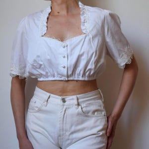 Vintage White Dirndl Crop Top: Austrian Folk Blouse, Oktoberfest - Size 46 EU