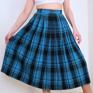 80s turquoise blue and black dirndl skirt, check pattern cottage core skirt, below the knee folk skirt, peasant skirt, 27 inch waist