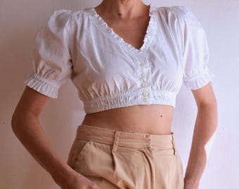 Blusa Dirndl corta vintage: Top campesino blanco Oktoberfest (36 EU)