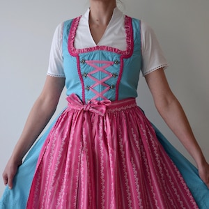 Vintage blue and pink dirndl dress with apron, polka dot lolita dress, corset folk Oktoberfest dress,  cotton peasant dress, 38 DE
