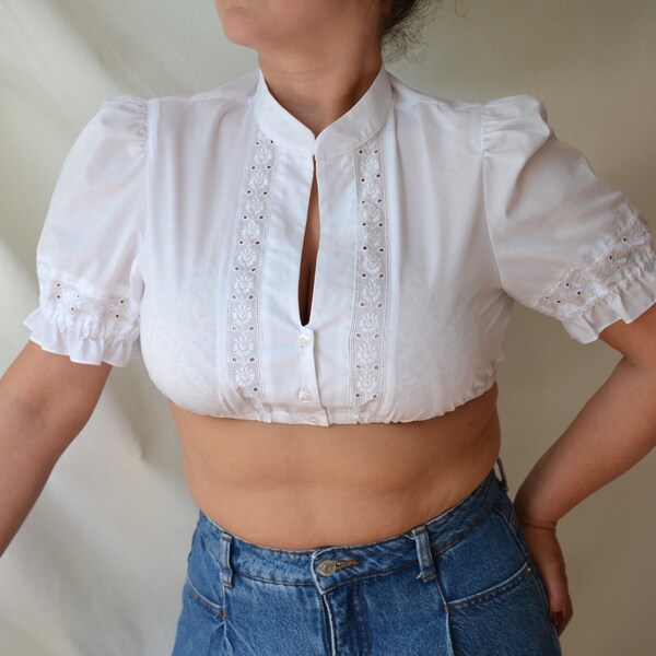 Vintage NOS cropped Dirndl top, white folk blouse, peasant puff sleeve blouse, boho / folk / festival /hippie top, Oktoberfest blouse, L