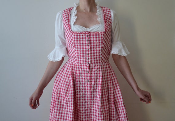 Vintage 90s Austrian folk dress, pink and white c… - image 3