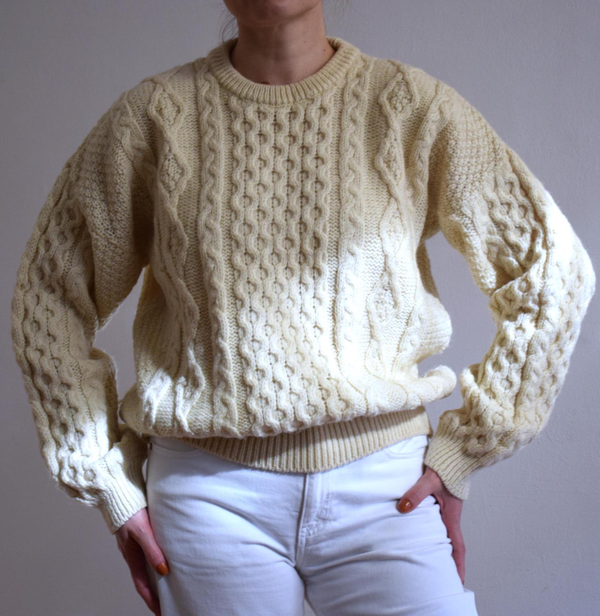 Vintage 90s Cream Wool Aran Sweater, Irish Fisherman Sweater 
