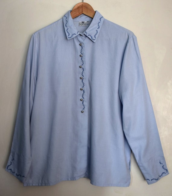 Vintage 90s embroidered blue folk blouse, Dirndl … - image 1