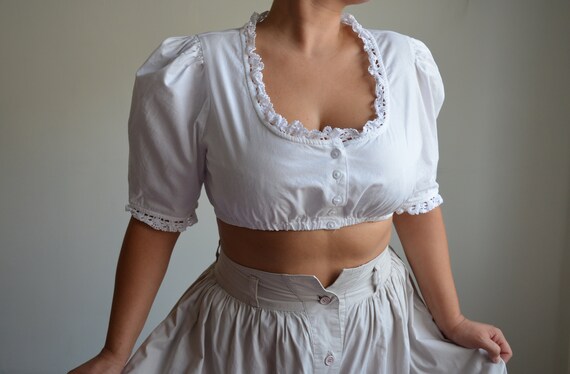 Vintage 90s Dirndl crop top, white folk blouse, b… - image 6
