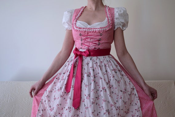 Vintage pink and white floral dirndl dress with a… - image 1