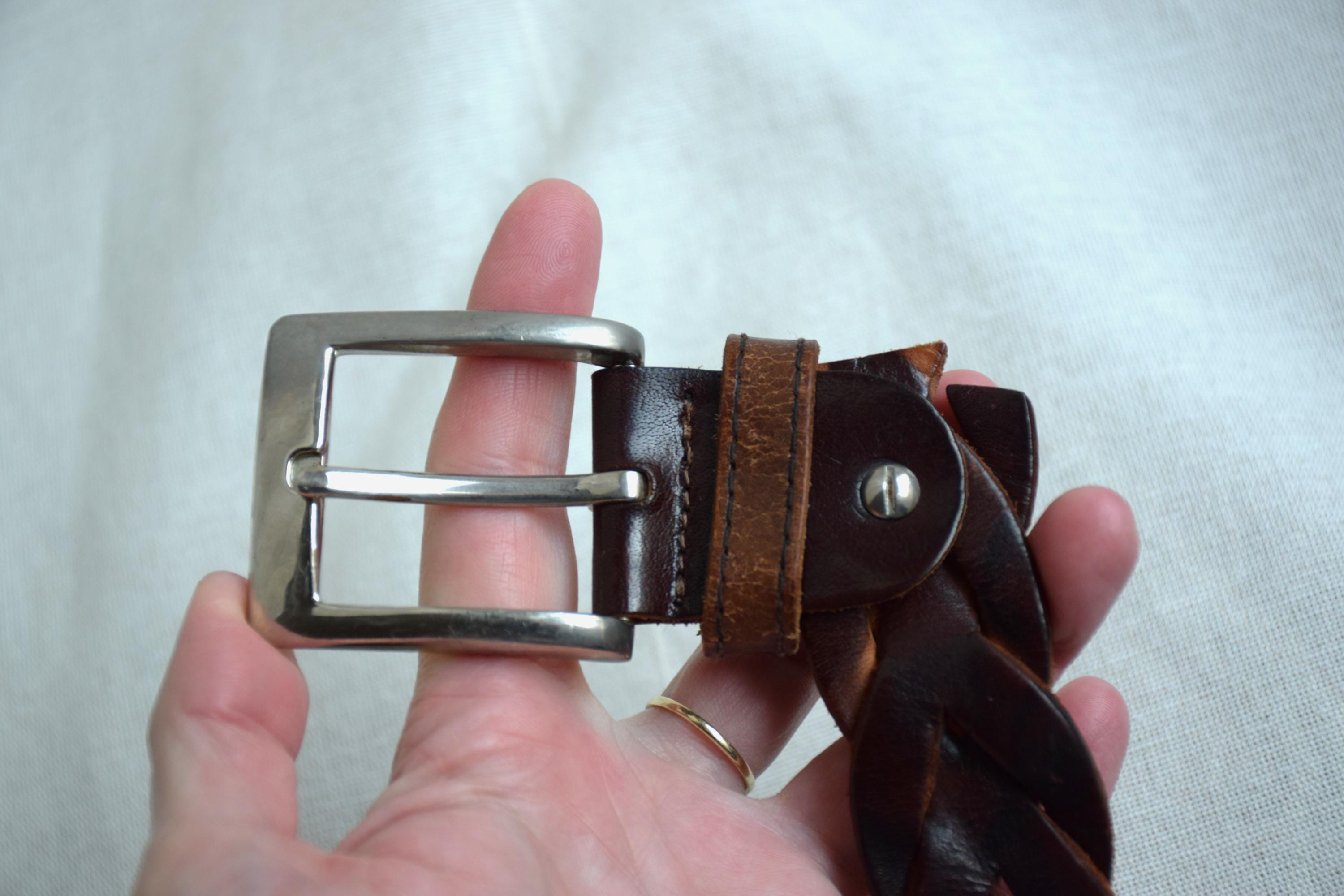 1990\'s Brown Woven Leather Belt Silver Buckle Vintage 90s Men main image 4