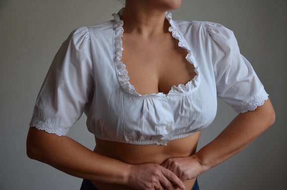 Vintage 90s Dirndl crop top, white folk blouse, b… - image 7