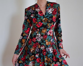 90s Floral Viscose Dress: Long Sleeve Cottagecore Midi (M)