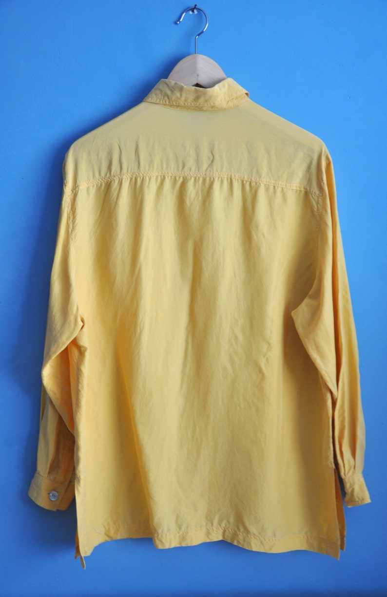 size L button up long sleeve blouse hipster top summer blouse Vintage 90s faded yellow oversized silk shirt preppy