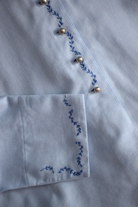 Vintage 90s embroidered blue folk blouse, Dirndl … - image 5