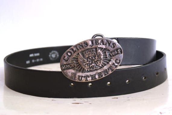 Vintage 90s Black Leather Belt: Silver Metal Buckle, Collins  display picture 1
