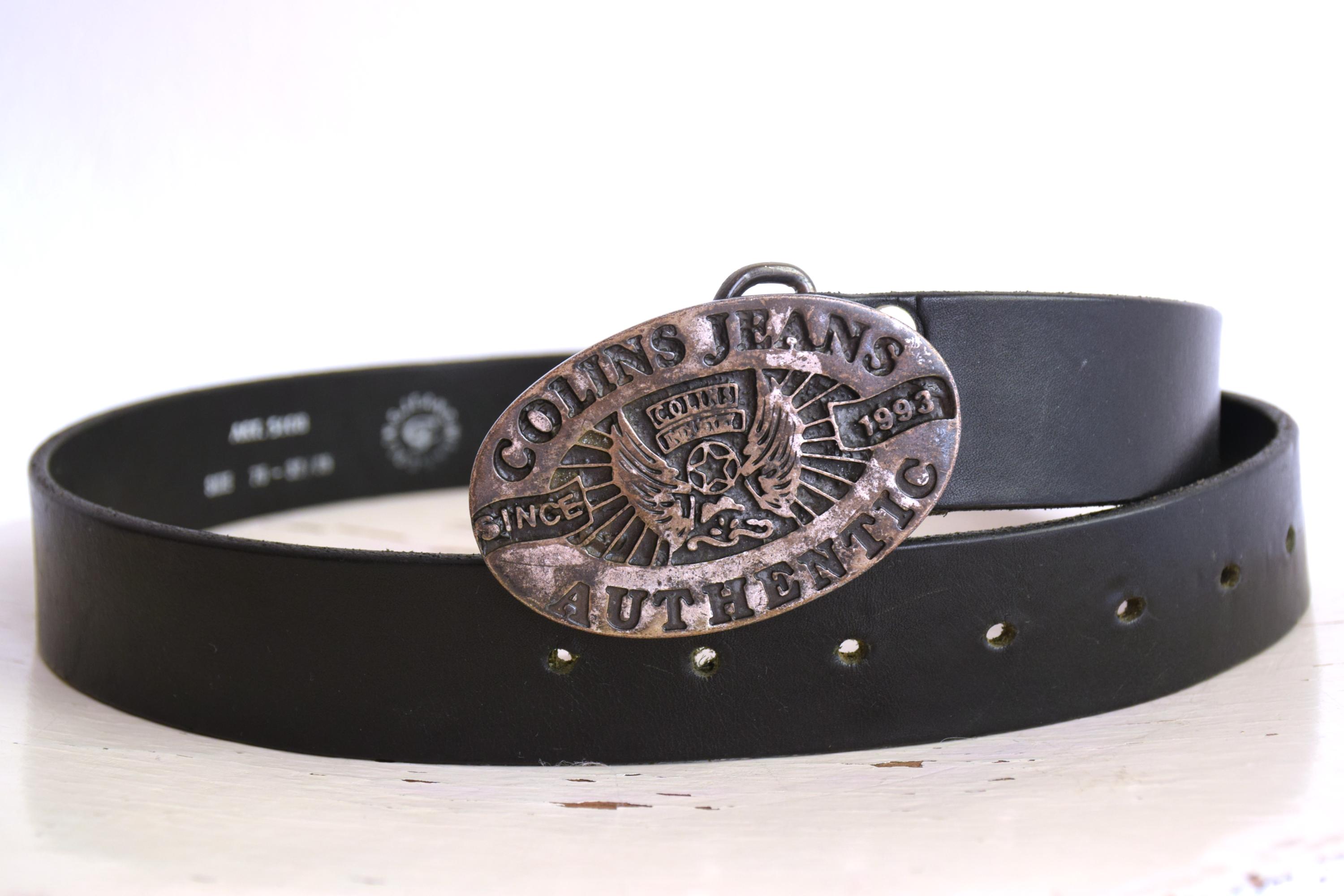 Vintage 90s Black Leather Belt: Silver Metal Buckle, Collins  display picture 3