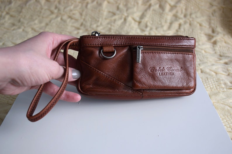 Vintage Y2K leather wristlet bag, cognac brown leather purse, small handbag or wrsitlet wallet zdjęcie 1