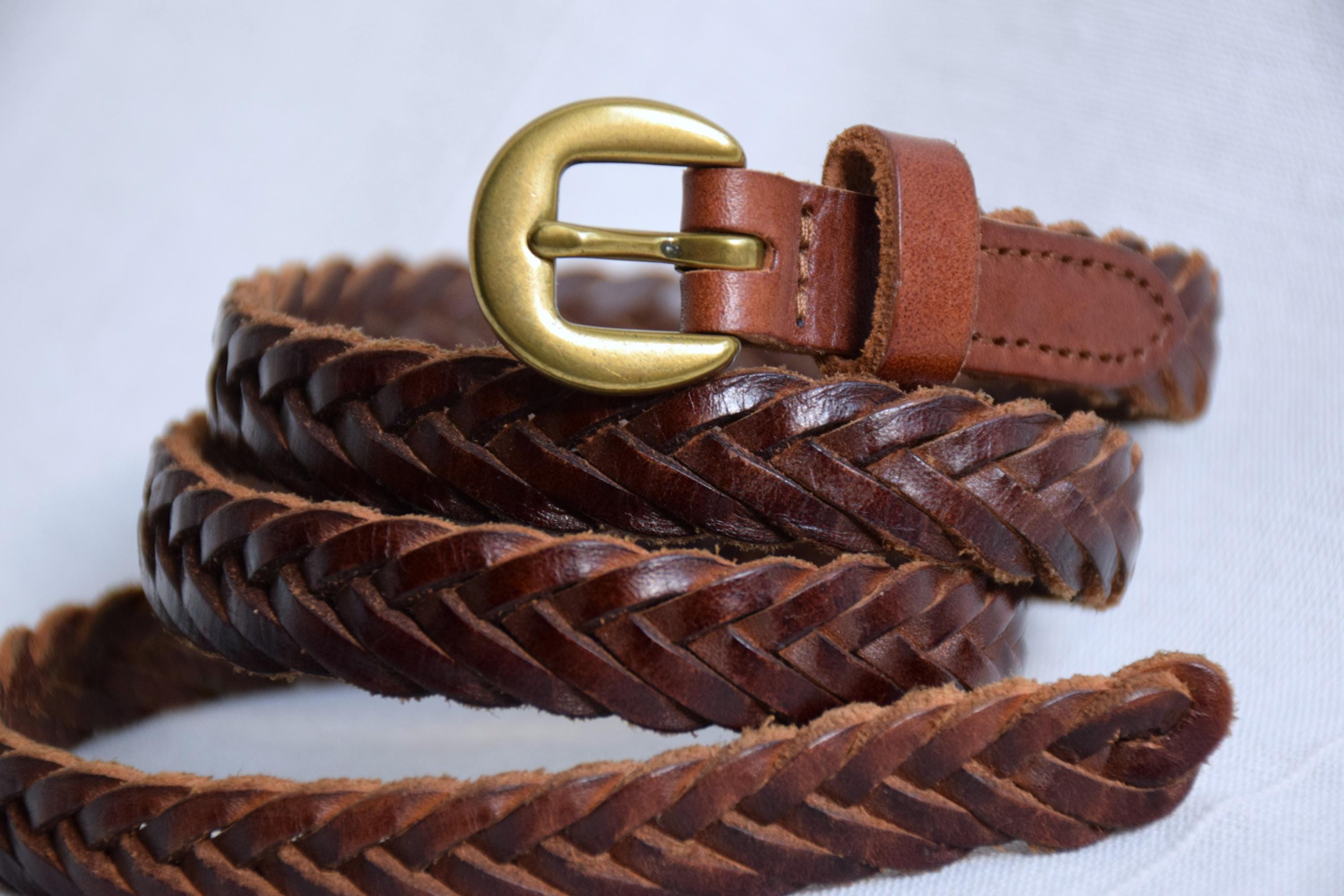 Vintage Brown Leather Belt Boho Embroidered Detail Gold Brass‎ Tone Buckle Y2K Thick Dark Brown Leather Floral Pierced Lacy Belt M L Boho  main image 2