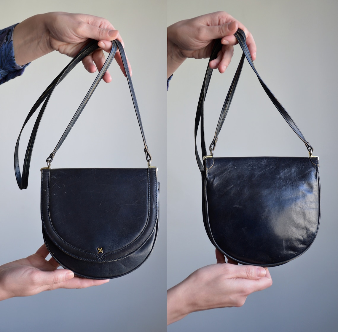 Vintage 80s Dark Blue Leather Shoulder Bag: Mini Boho Handbag, foto 4 di 5