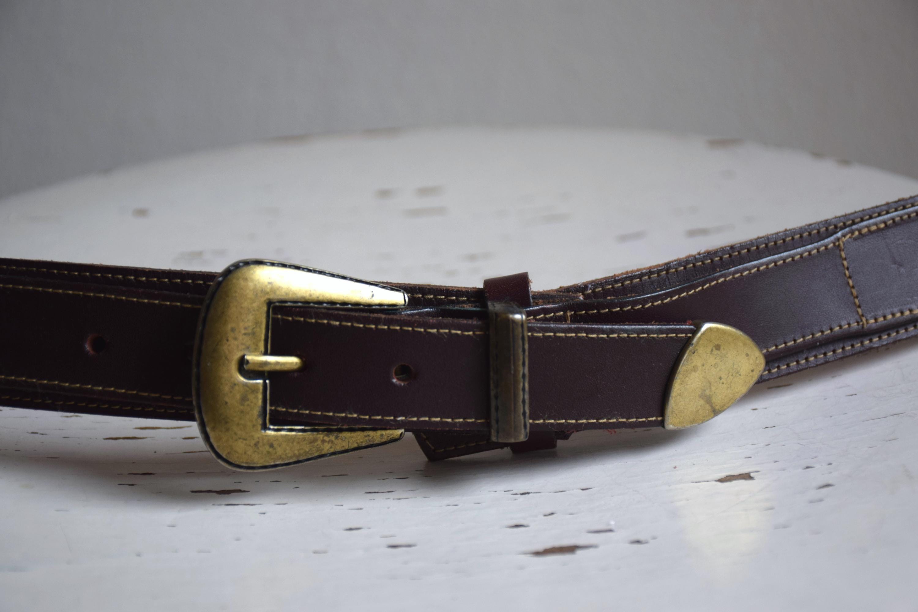 Holland  Vintage 90\' Rare Burgundy Leather Belt, Size 32, Rustic Brass Buckle. 2302_NORTHWEST-35-MUSEUM-CALF-  main image 2