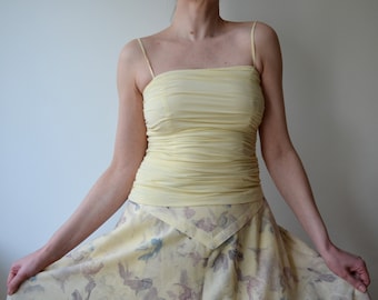 Vintage Y2K Silk Tank Top: Pale Yellow Ruched Spaghetti Strap (UK 10)