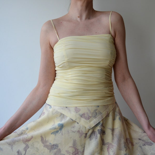 Vintage Y2K sleeveless silk top, pale yellow fitted top, spaghtetti straps top, silk tank top, summer silk blouse, 10 UK