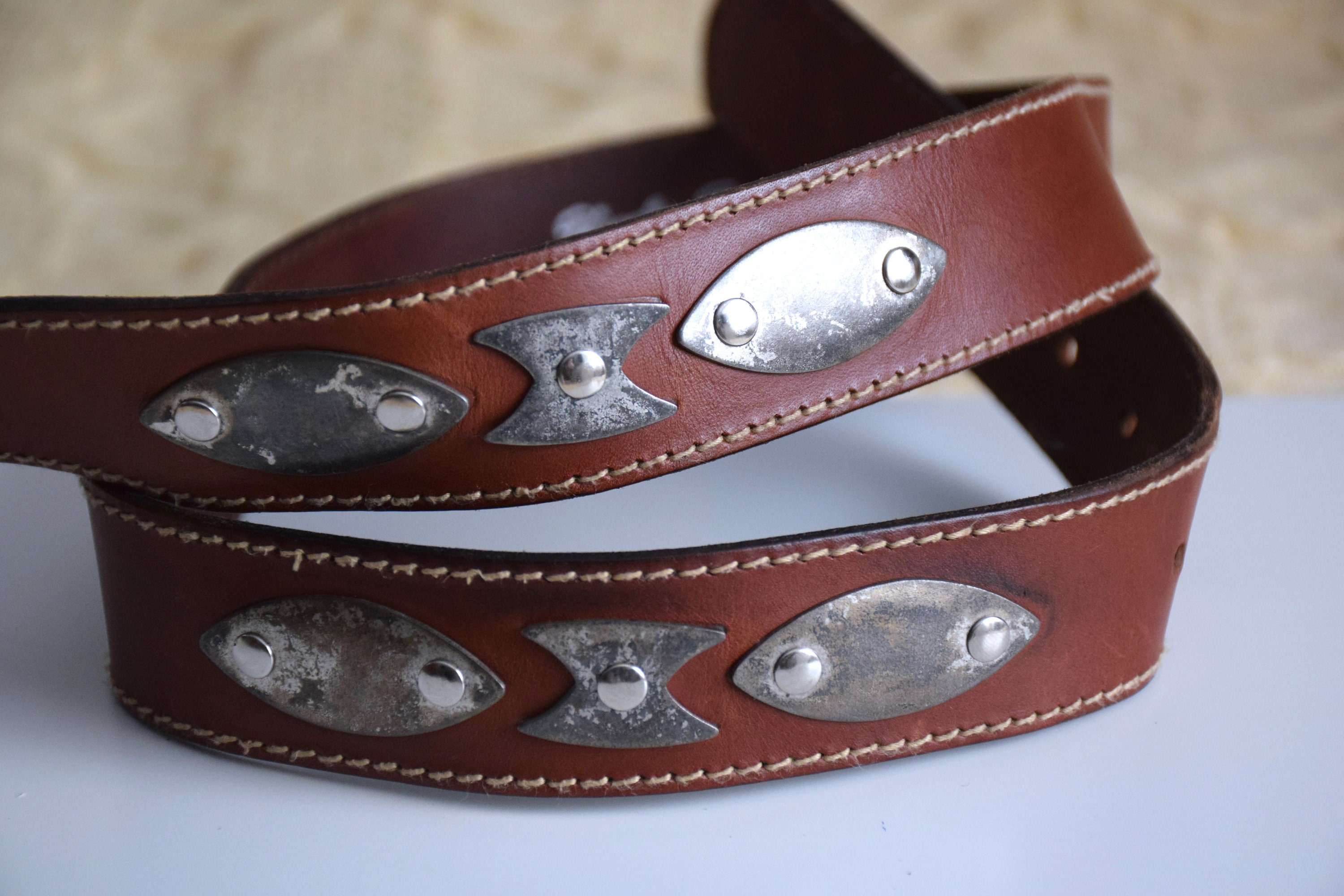 Vintage 90s Brown Leather Western Belt With Silver Metal  display picture 1