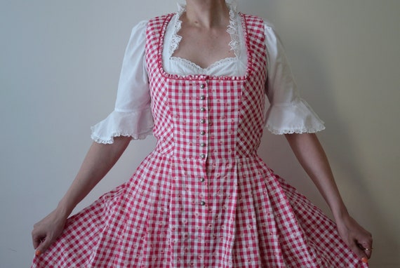 Vintage 90s Austrian folk dress, pink and white c… - image 1