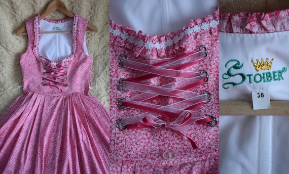 Vintage pink and white floral dirndl dress with a… - image 9