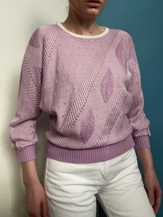 Pull vintage motif lavande des annees 80 pull en tricot coton des annees 80 pull violet pale 3 4 manches pull a manches dolman M Etsy Canada