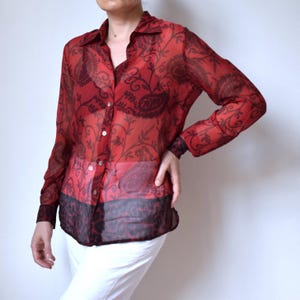 Vintage 90s red and black silk blouse, long sleeve print silk shirt, see through silk shirt with a collar, floral and leopard silk shirt,  M
