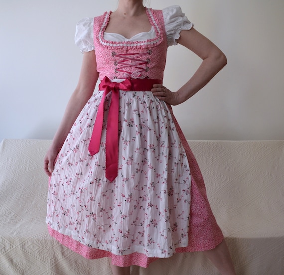 Vintage pink and white floral dirndl dress with a… - image 5