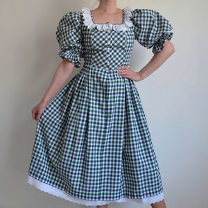 1980s Austrian folk dress with puff sleeves, purple, green and white check peasant dress, gingham Oktoberfest dress, cottage core dress, M