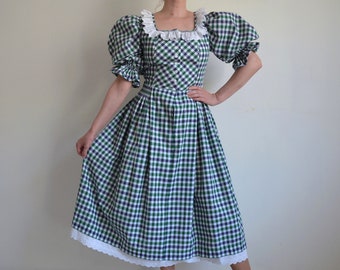 1980s Austrian folk dress with puff sleeves, purple, green and white check peasant dress, gingham Oktoberfest dress, cottage core dress, M