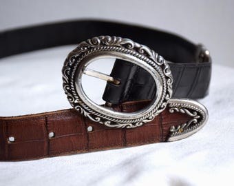 Vintage leren westernriem uit de jaren 90, bruin en zwart omkeerbaar, maat M